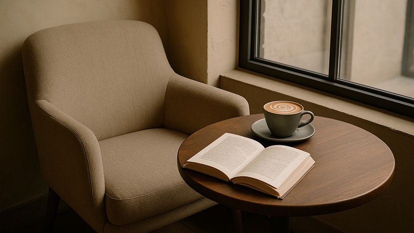 A quiet café corner with a beige armchair and a small round wooden table. On the table — a cappuccino in a matte cup and an open book. Natural window light illuminates the scene. Neutral tones, cozy atmosphere, no people, just the setting.