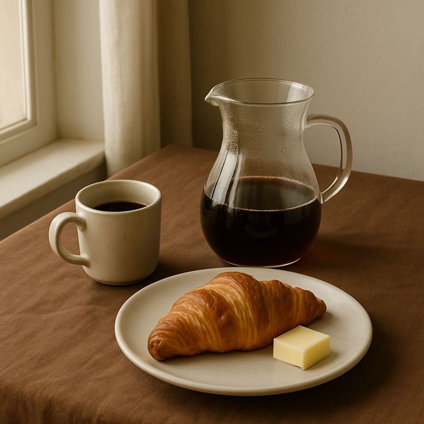 A breakfast scene with a filter coffee in a glass server, a small ceramic mug, and a plate with a croissant and butter. Everything sits on a brown tablecloth beside a window. Bright but soft natural light, subtle shadows, and an overall quiet morning vibe.