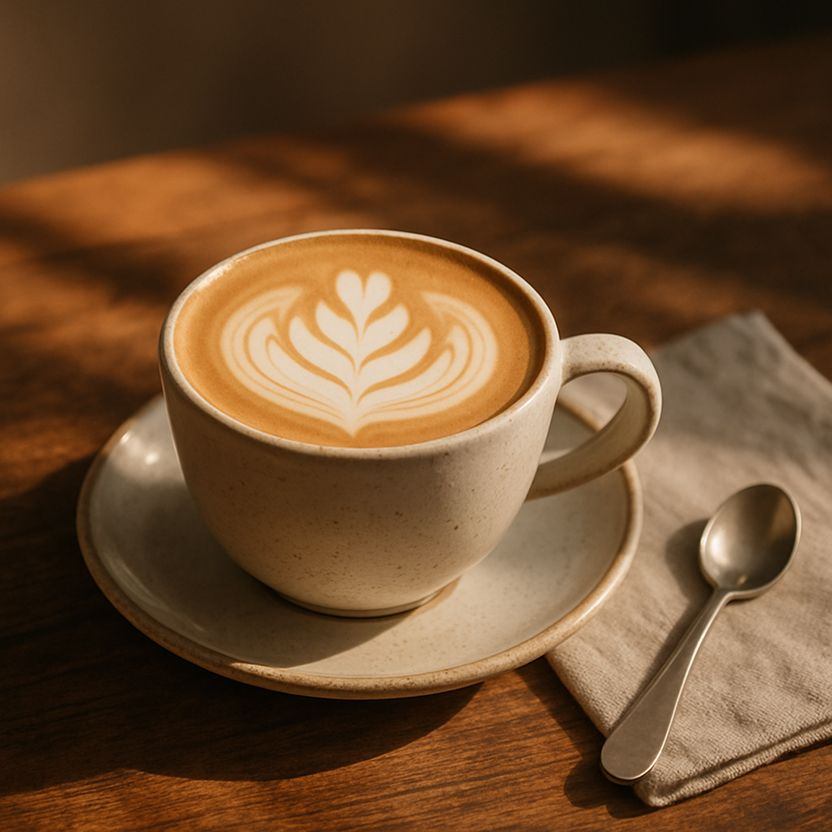 A close-up of a ceramic cup with a latte and delicate leaf-shaped foam art, placed on a rustic wooden table. Soft morning sunlight falls diagonally across the surface, casting warm shadows. Minimalistic setup with a linen napkin and small spoon nearby. Background softly blurred.