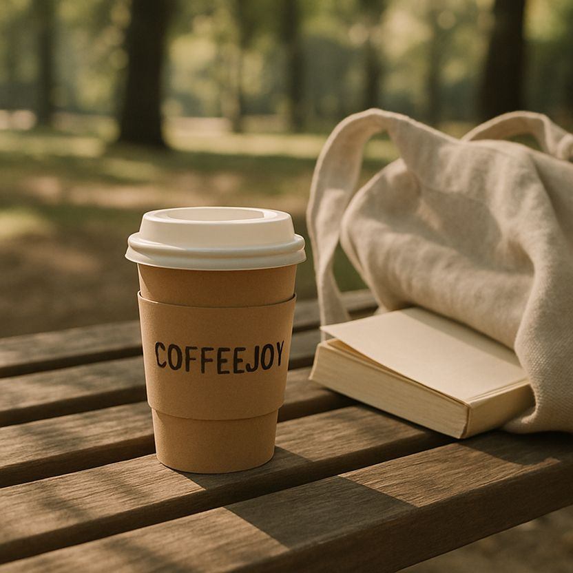 A takeaway coffee cup with a kraft sleeve and CoffeeJoy branding placed on a wooden bench in a park. Nearby — a linen tote bag and a book partially sticking out. Early morning sunlight filters through the trees, creating soft, dappled shadows. Natural, earthy tones. Calm, slow-morning mood with no people in frame.