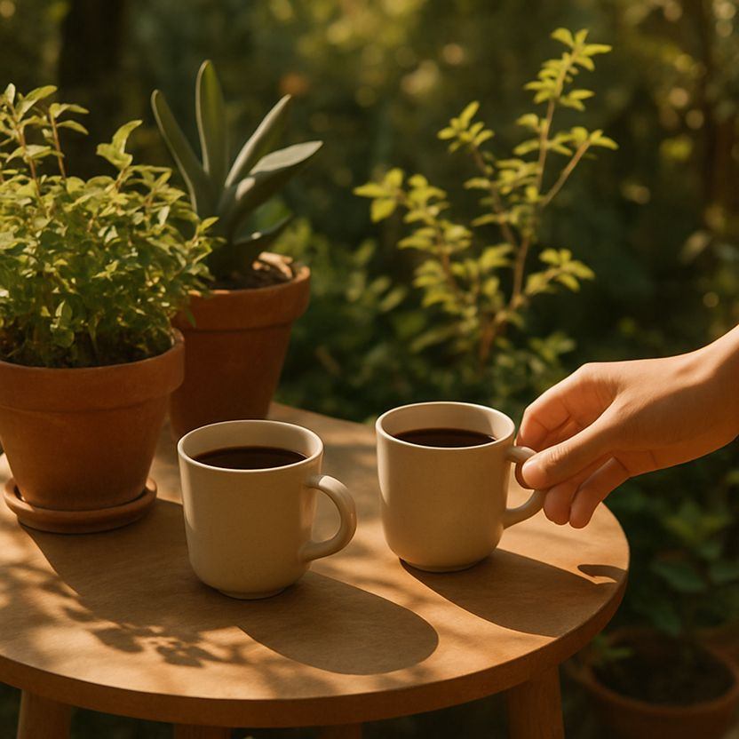 Two coffee cups on a small round table outdoors, surrounded by potted plants and greenery. The table is wooden, with sunlight filtered through leaves. Minimal accessories — perhaps one hand reaching for the cup, the rest of the scene calm and framed in warm tones.