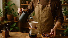 A man in an apron prepares coffee using the pour-over method: pouring hot water from a kettle into a funnel with a filter on the kitchen counter, surrounded by plants and coffee beans.