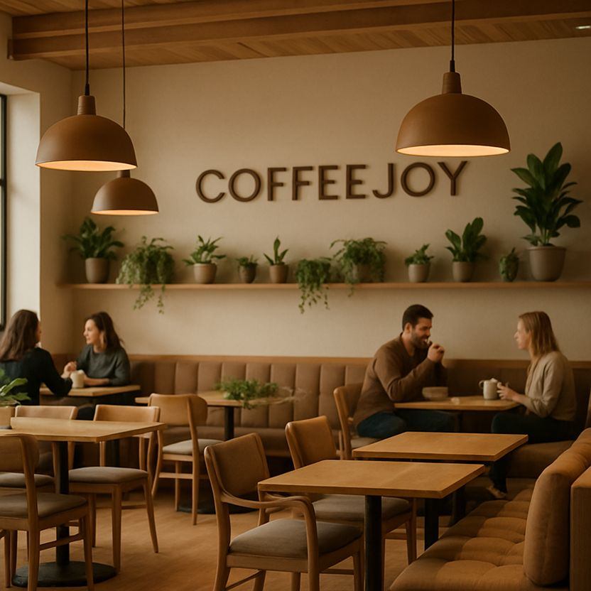 A wide view of the CoffeeJoy interior — wooden furniture, soft cushions, warm pendant lights, and green plants on shelves. A few people in the background enjoying coffee, blurred slightly to focus on the space. Overall mood: warm, welcoming, and design-conscious.